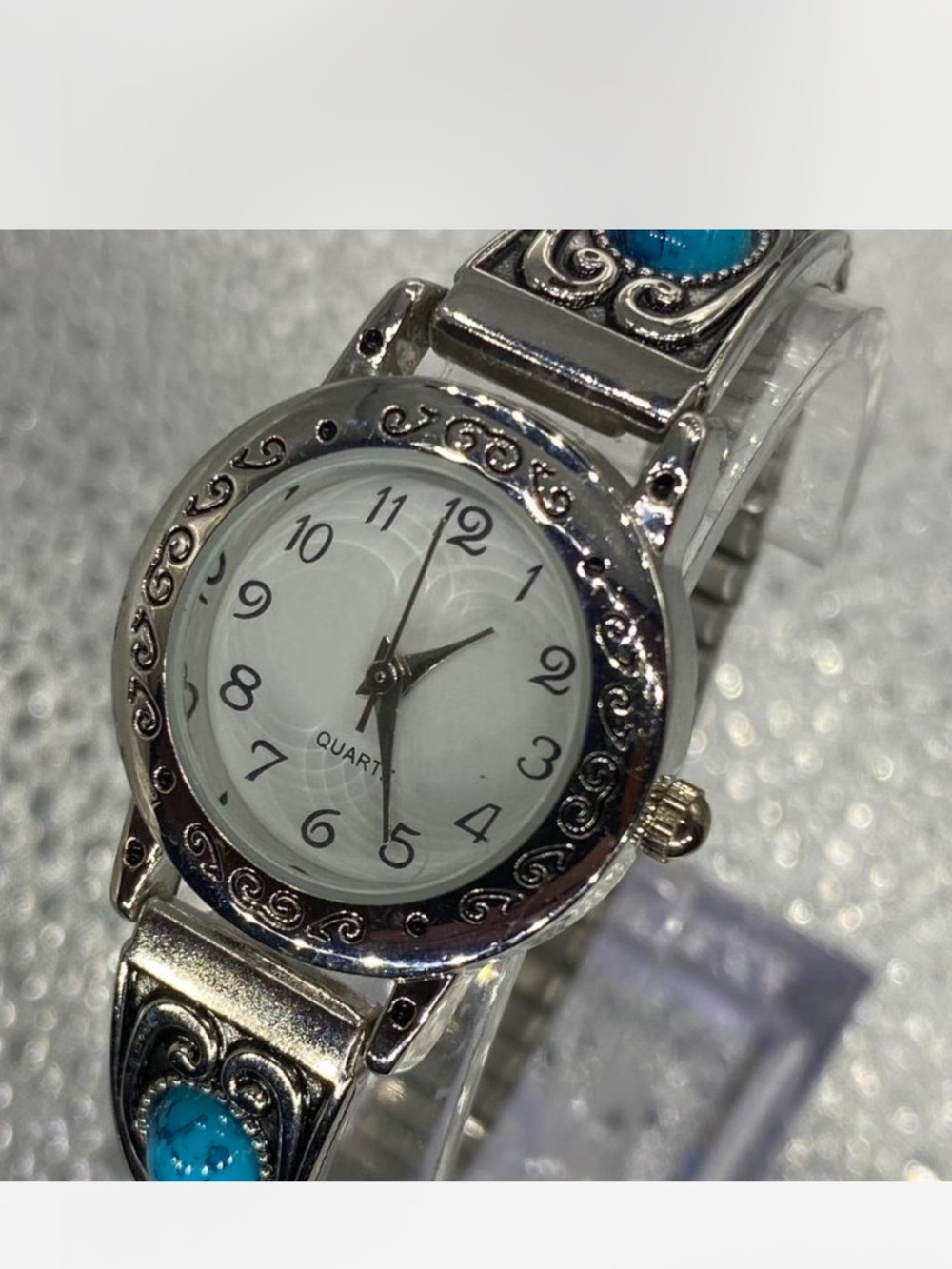 Southwestern ^*^ Silver Tone Quartz Bracelet Watch /  Turquoise Accents ^*^